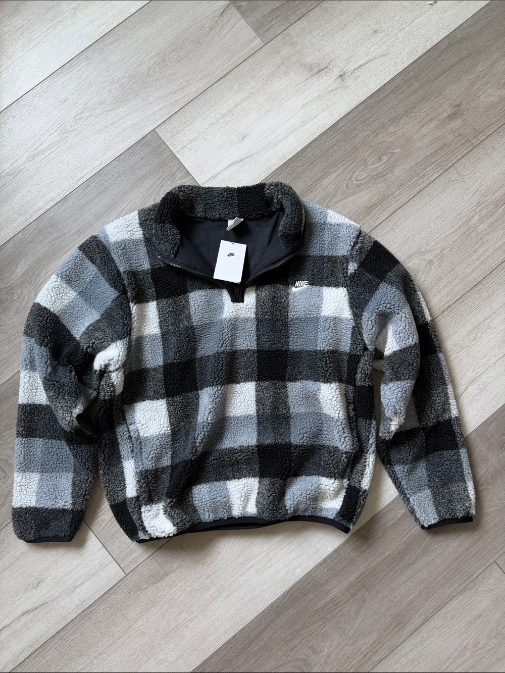 Nike Men’s Black, Gray & White Plaid Sherpa Zip-Up